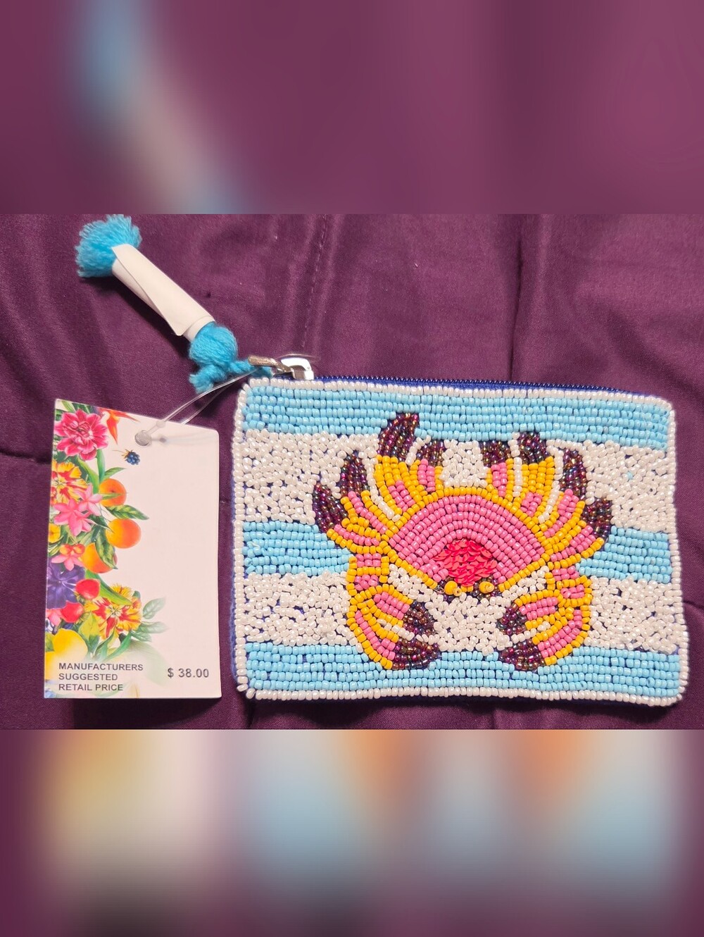 A&B Express Edit Beaded Crab Coin Pouch - Blue, Pink & Yellow